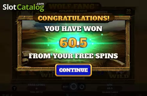 Win Free Spins screen. Wolf Fang Golden Sands slot