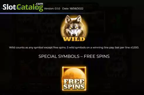 Game Features screen. Wolf Fang Golden Sands slot
