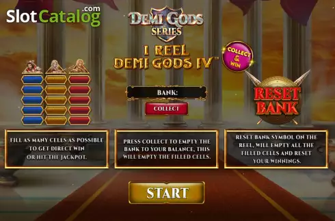 Start Game screen. 1 Reel Demi Gods IV slot