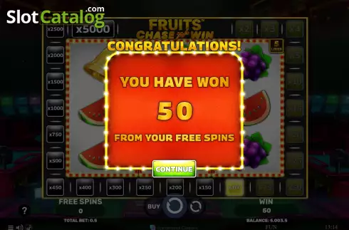 Win Free Spins screen. Fruits Chase’N’Win slot