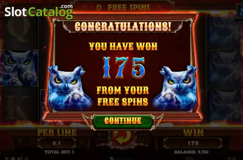 Win Free Spins screen. Night Wolf Darkest Flame slot