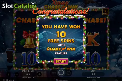 Free Spins screen. Xmas Chase N Win slot