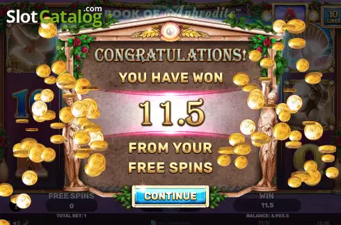 Win Free Spins screen. Book Of Aphrodite - The Love Spell slot