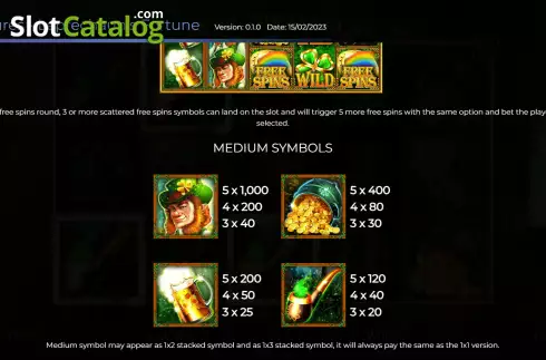 Paytable screen. Irish Treasures - Leprechauns Fortune slot