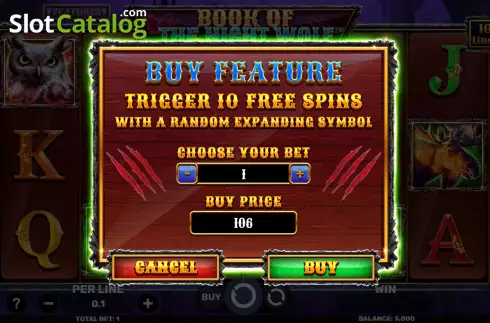 Buy Feature Screen. Book of the Night Wolf slot
