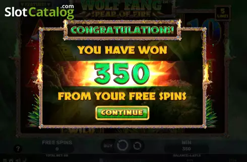 Win Free Spins screen. Wolf Fang Spear of Fire slot