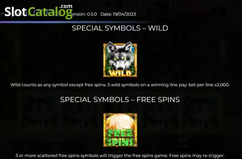 Game Features screen. Wolf Fang Spear of Fire slot