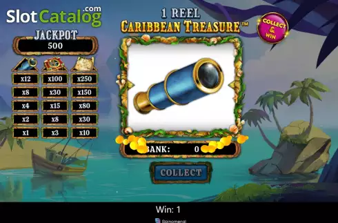 Win screen. 1 Reel Caribbean Treasure slot