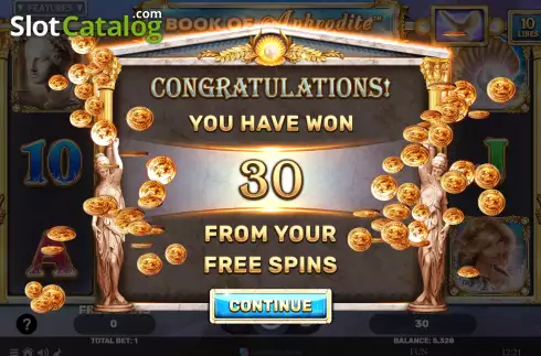 Win Free Spins screen. Book of Aphrodite The Golden Era slot