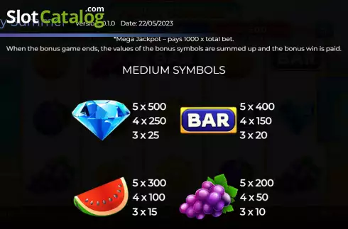 Paytable screen. Fruity Summer slot