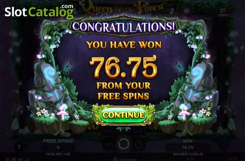 Win Free Spins screen. Queen of the Forest - Night Whispers slot