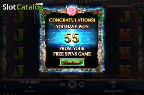Win Free Spins  screen. Story of Love - Aphrodite's Spell slot