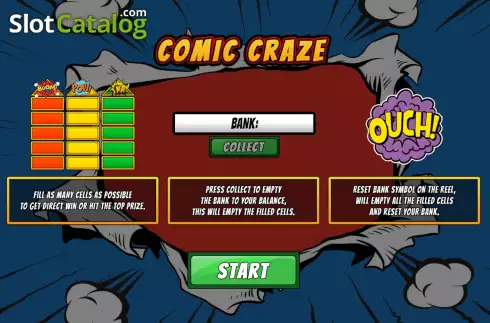 Start Game screen. Comic Craze slot