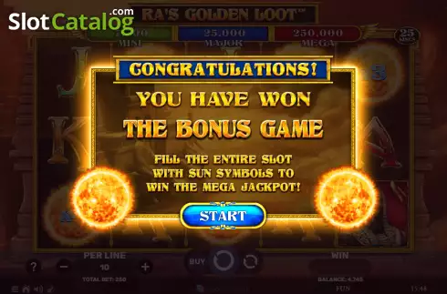 Win Bonus Game screen. Ra's Golden Loot slot