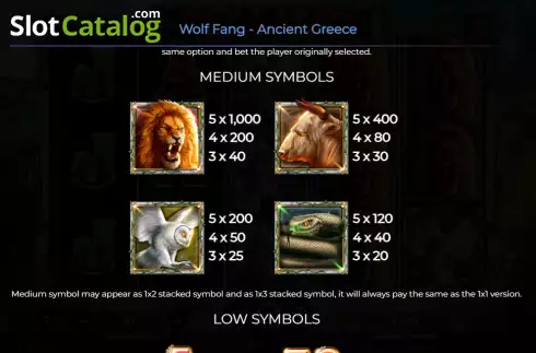 Paytable screen. Wolf Fang - Ancient Greece slot