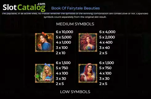 Paytable screen. Book of Fairytale Beauties slot