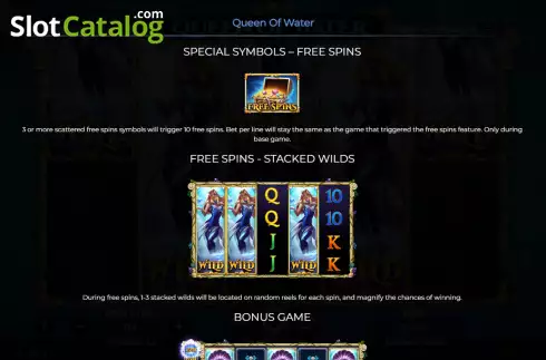 Features screen. Queen of Water slot