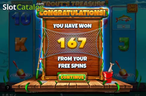 Win Free Spins screen. Trout's Treasure - Payday slot