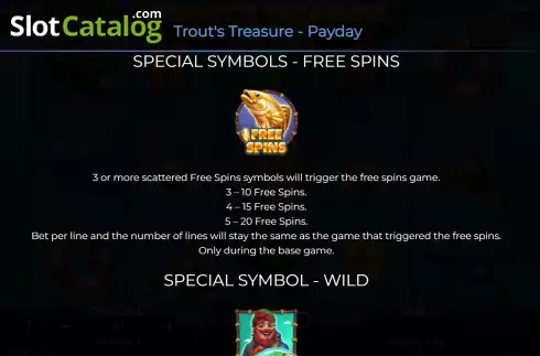 Game Features screen. Trout's Treasure - Payday slot