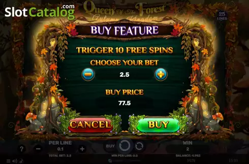 Buy feature screen. Queen of the Forest - Autumn Kingdom slot