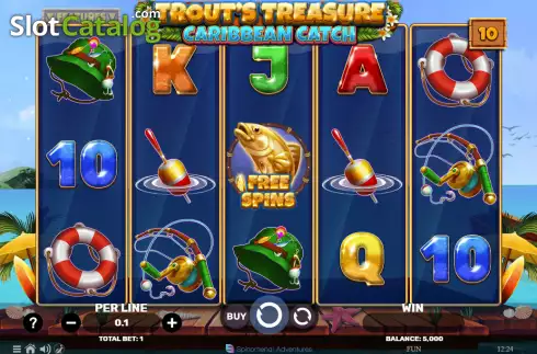 Reels screen. Trout's Treasure Caribbean Catch slot