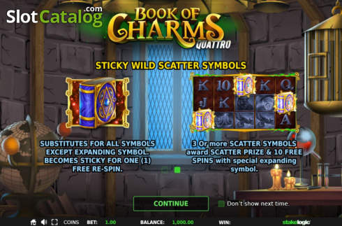 Start Screen. Book of Charms (StakeLogic) slot