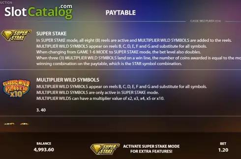 PayTable screen. Classic Wild Player slot