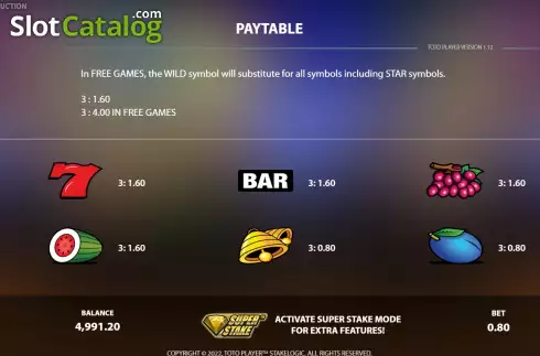 PayTable screen. Toto Player slot