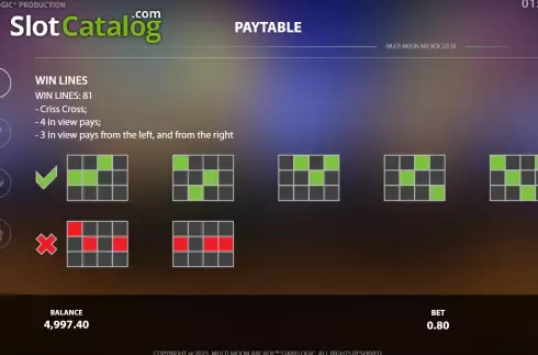 PayLines screen. Multi Moon Arcade slot