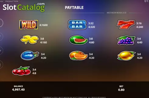 PayTable screen. Multi Moon Arcade slot