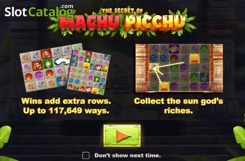 Start Screen. The Secret of Machu Picchu slot