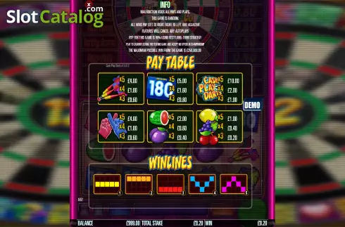 Paytable and paylines screen. Cash Play Darts slot
