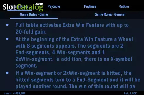 Features screen. Extra Win X slot