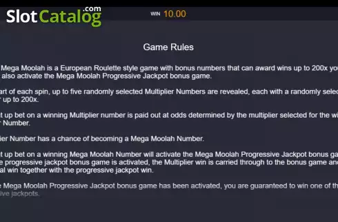 Game Rules screen. Roulette Mega Moolah slot