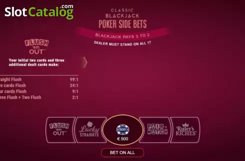 Game screen. Classic Blackjack Poker Side Bets slot