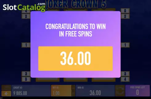 Win Free Spins screen. Joker Crown 5 slot