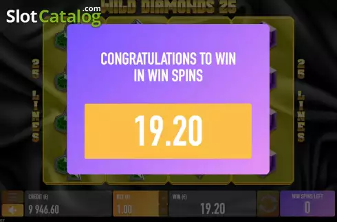 Win Free Spins screen. Wild Diamonds 25 slot