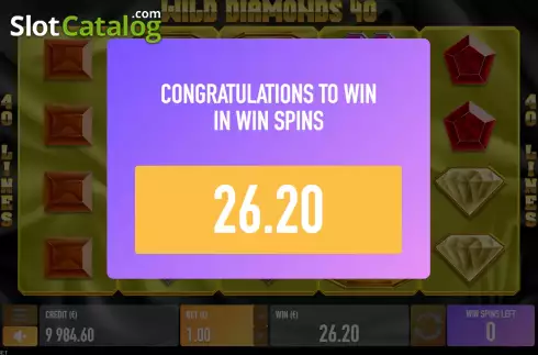 Win Free Spins screen. Wild Diamonds 40 slot