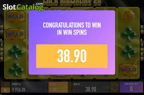 Win Free Spins screen. Wild Diamonds 50 slot