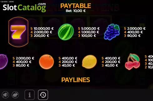Paytable screen. Rainbow Sevens slot