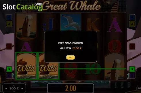 Win Free Spins screen. Great Whale slot