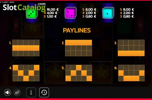 PayLines screen. 20 Dice Flames slot