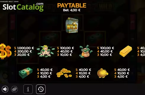 Paytable screen. Money Standard Wild slot