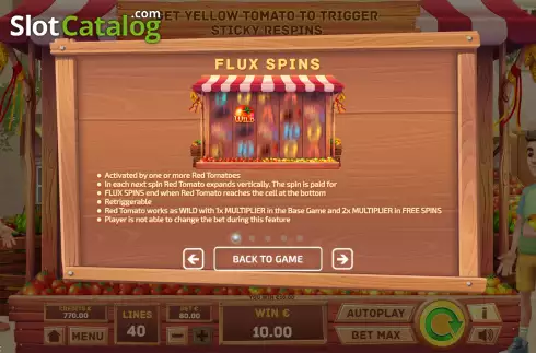 Flux Spins screen. La Tomatina (Tom Horn Gaming) slot