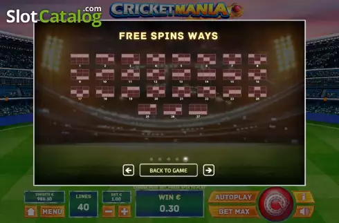 Free Spins ways screen. Cricket Mania slot