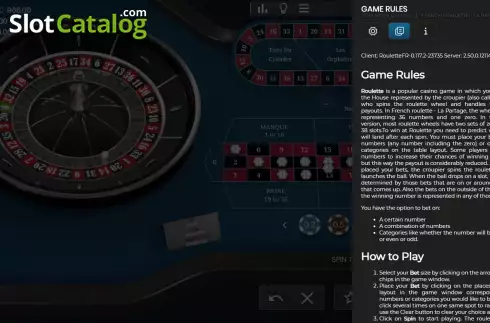 Game Rules screen. French Roulette La Partage (Tom Horn Gaming) slot