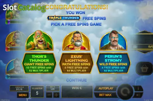 Free Spins screen. Triple Thunder slot