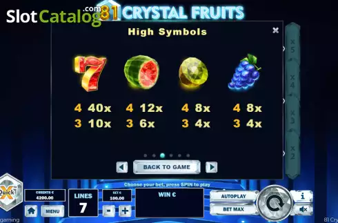 Paytable screen. 81 Crystal Fruits slot
