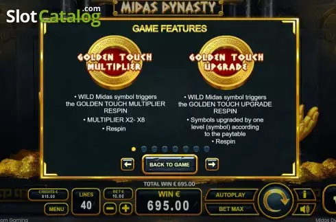 Game Features screen. Midas Dynasty slot