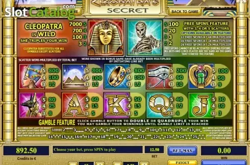 Paytable . Cleopatra's Secret slot
